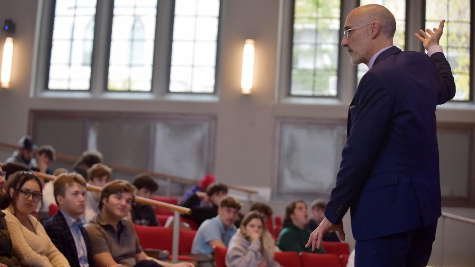 2023 Commencement keynote speaker and honorary degree recipient, Arthur Brooks, returned to The Catholic University of America to share the secrets to a successful life as a guest lecturer at the Busch School.