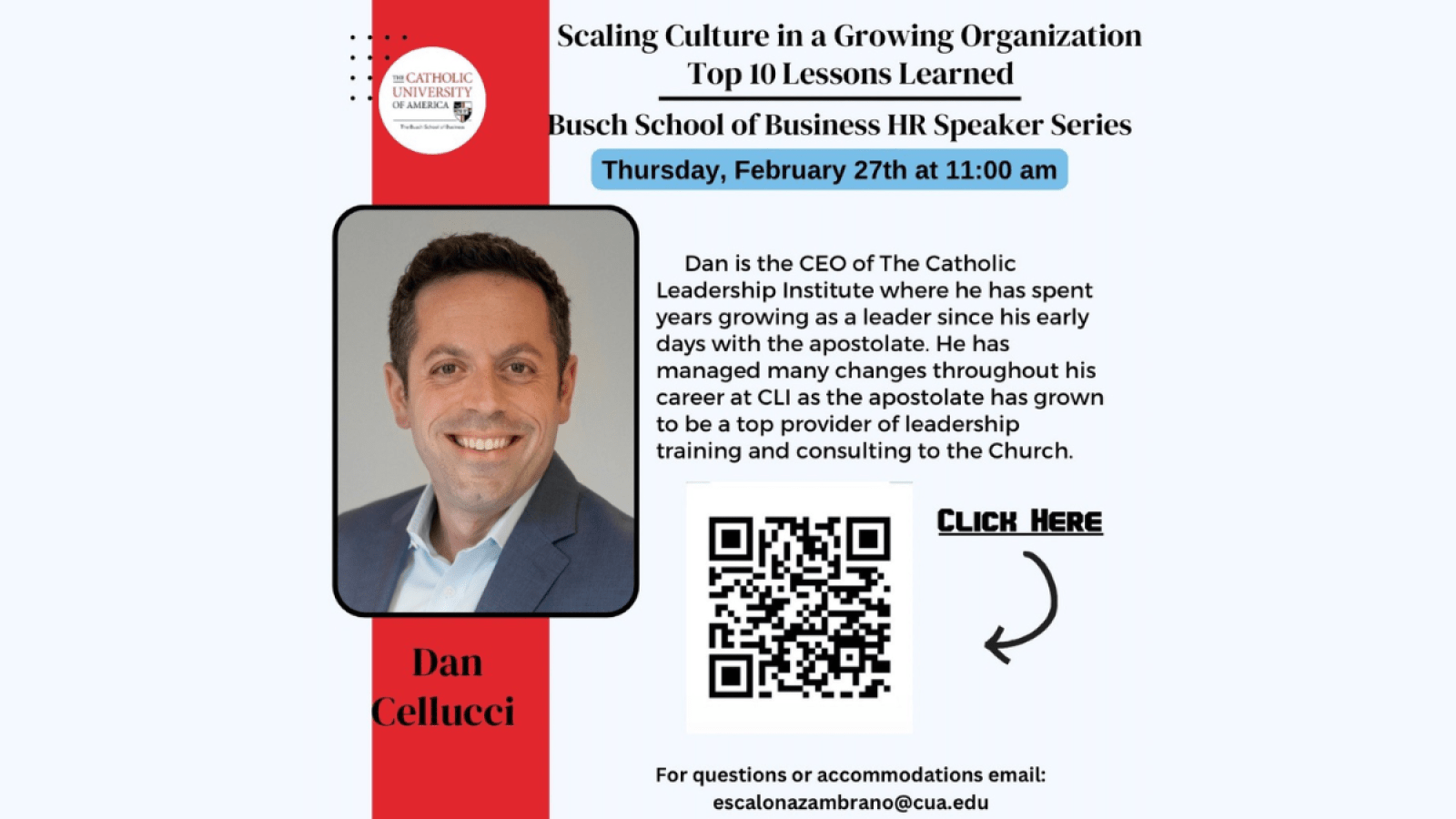 Please join us for another installation of our Busch School of Business HR Speaker Series as we welcome Dan Cellucci on Thursday, February 27th to discuss leadership, culture and change management.