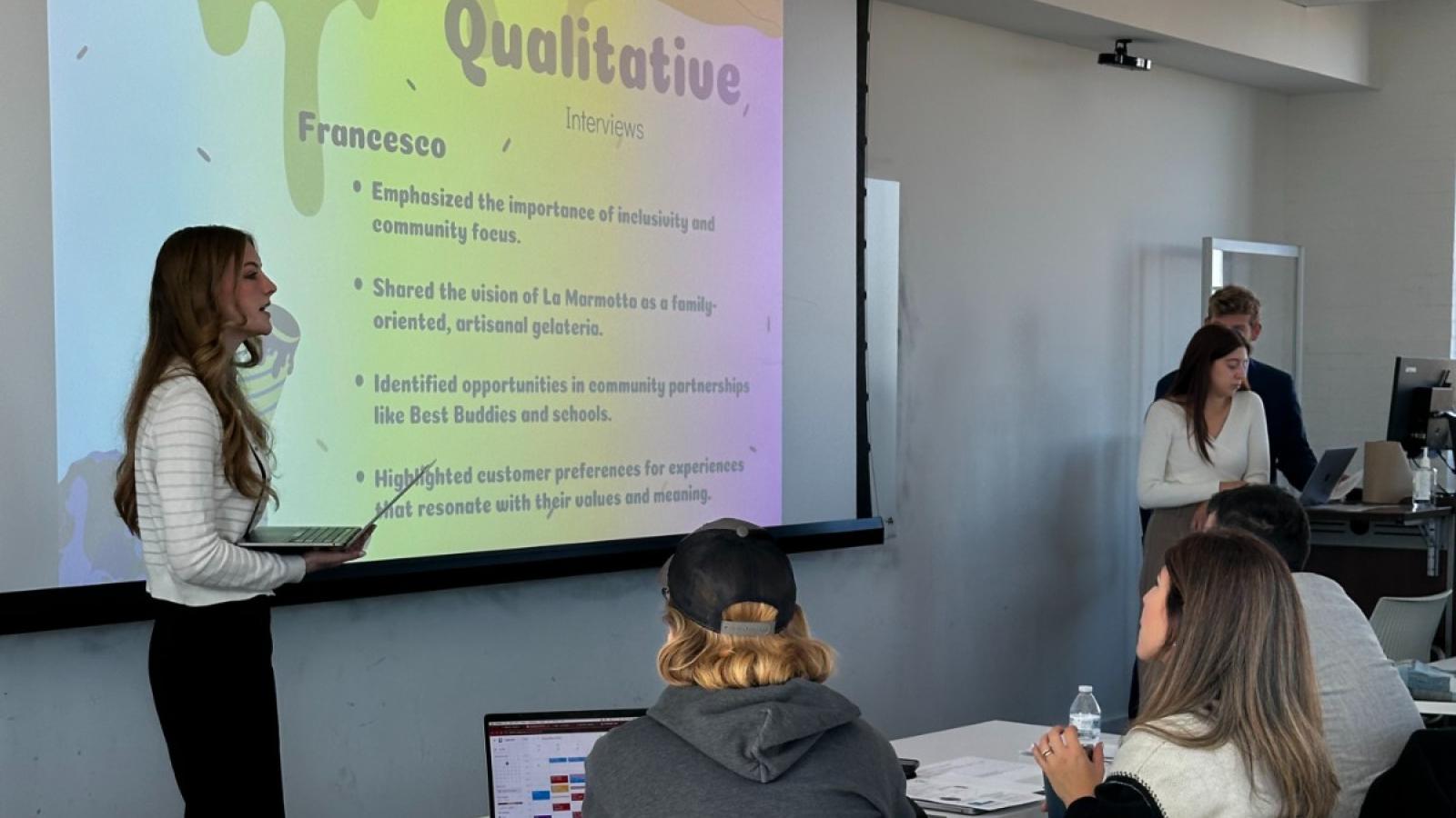 Market Research students presented their semester-long projects to Alumni CEO Francesco Brown of La Marmotta Gelateria.