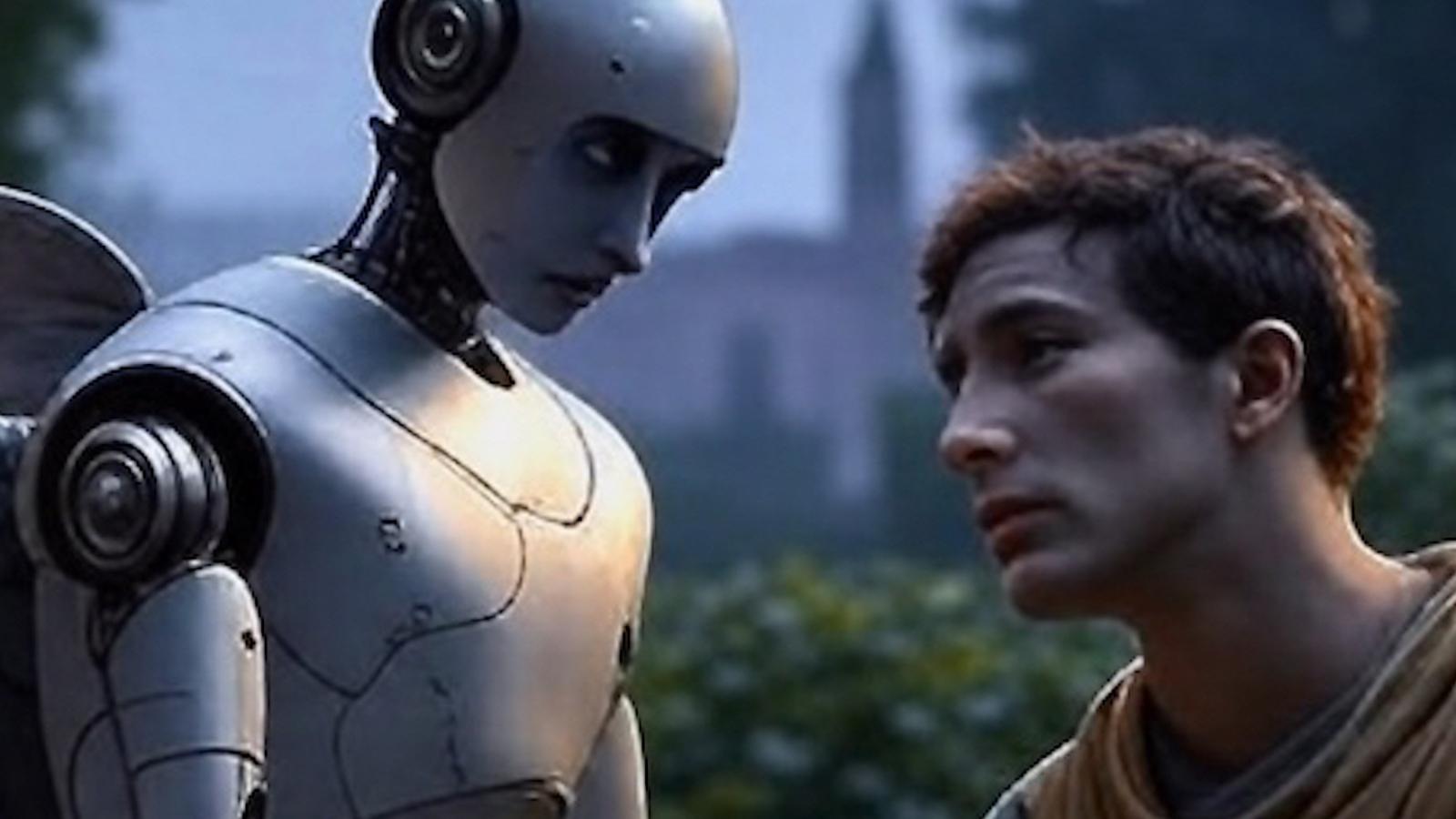 man talking with a robot
