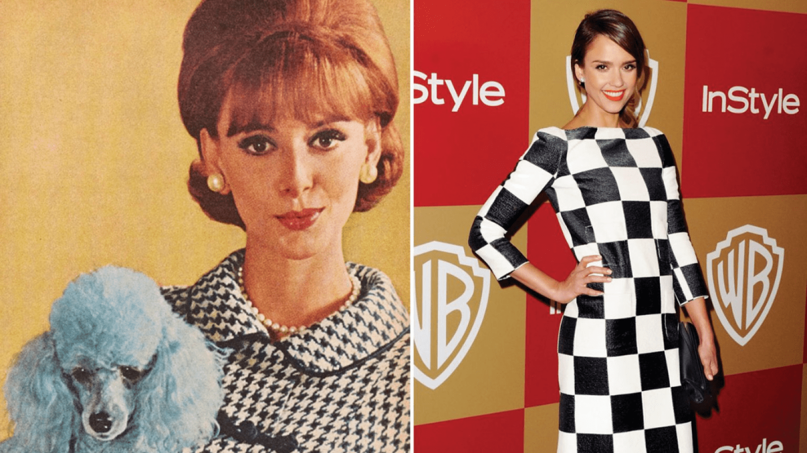Side-by-side images of a 1950's ad with a woman in a houndstooth dress, a beehive hairdo, and a blue poodle next to a contemporary image of Jessica Alba in a black and white checkered dress.
