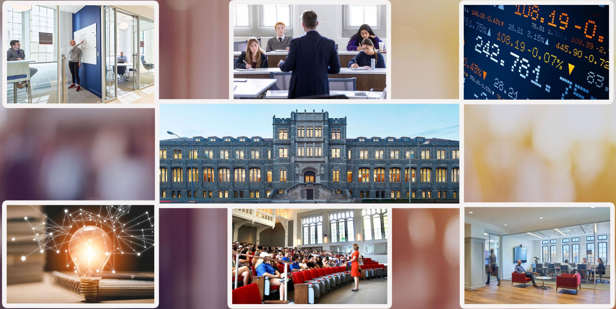 Collage of Busch School activities and images such as classrooms, lectures, learning, and Maloney Hall.