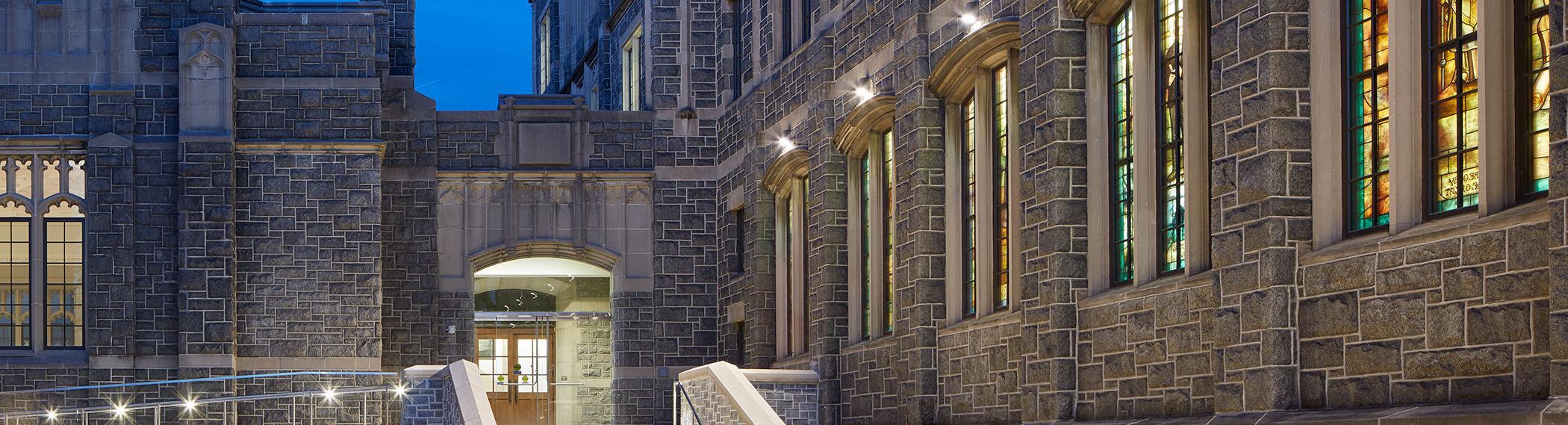 Busch School at night.