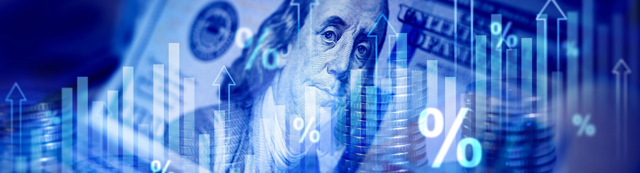 Image of 100 bill with graphics of stock market prices rising.