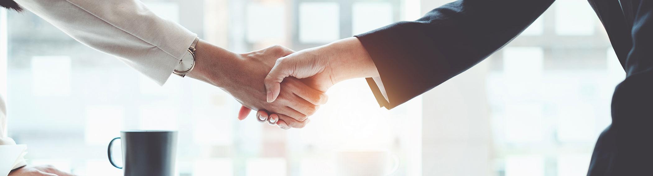 Two business partners shaking hands.
