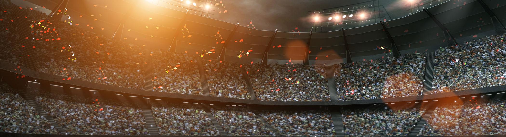 Sports stadium with cheering crowds.