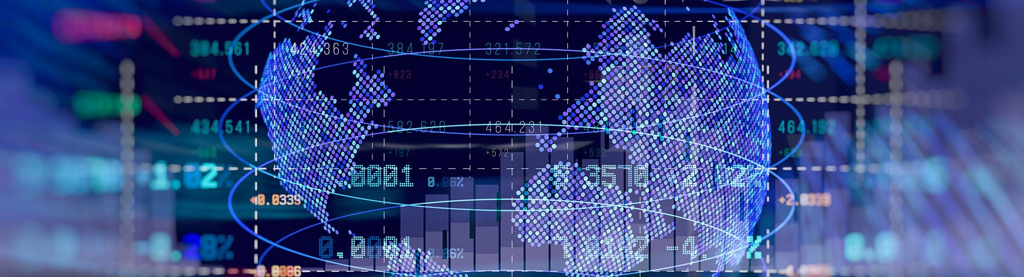 Images of financial text with a digital version the globe overlayed.