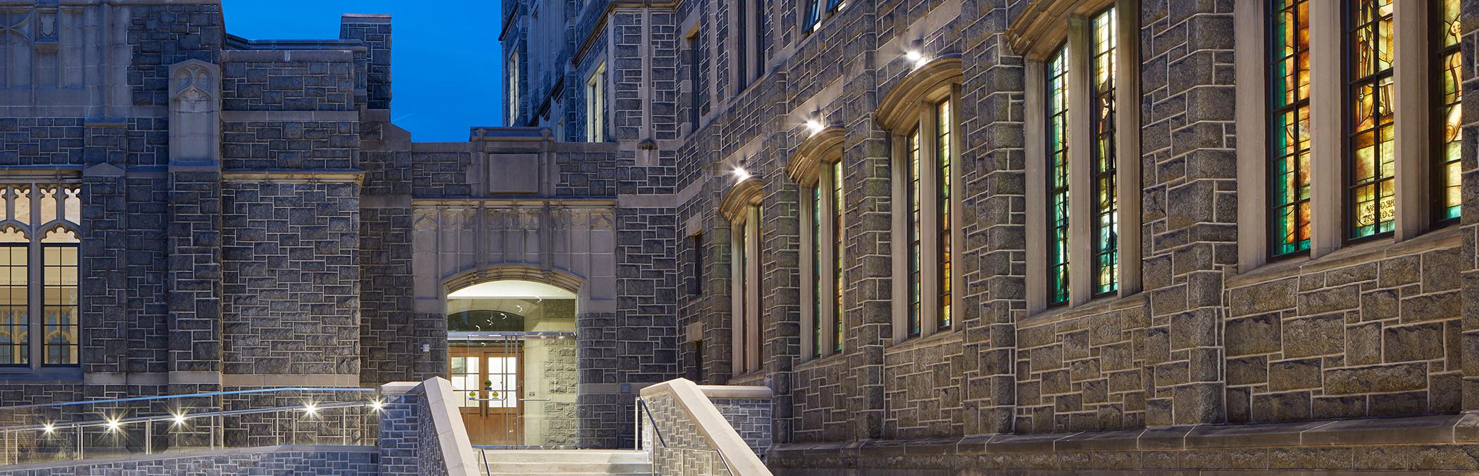Busch School at night.