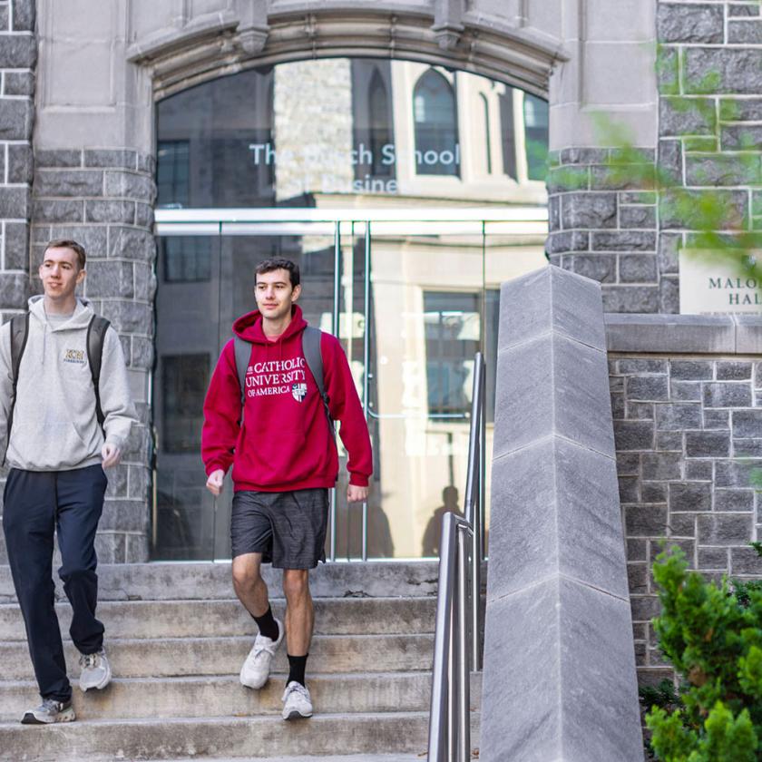 Students in front of the Busch School.
