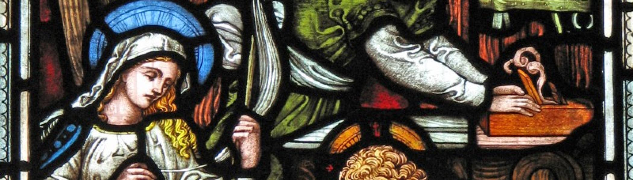 stained glass image of the Holy Family