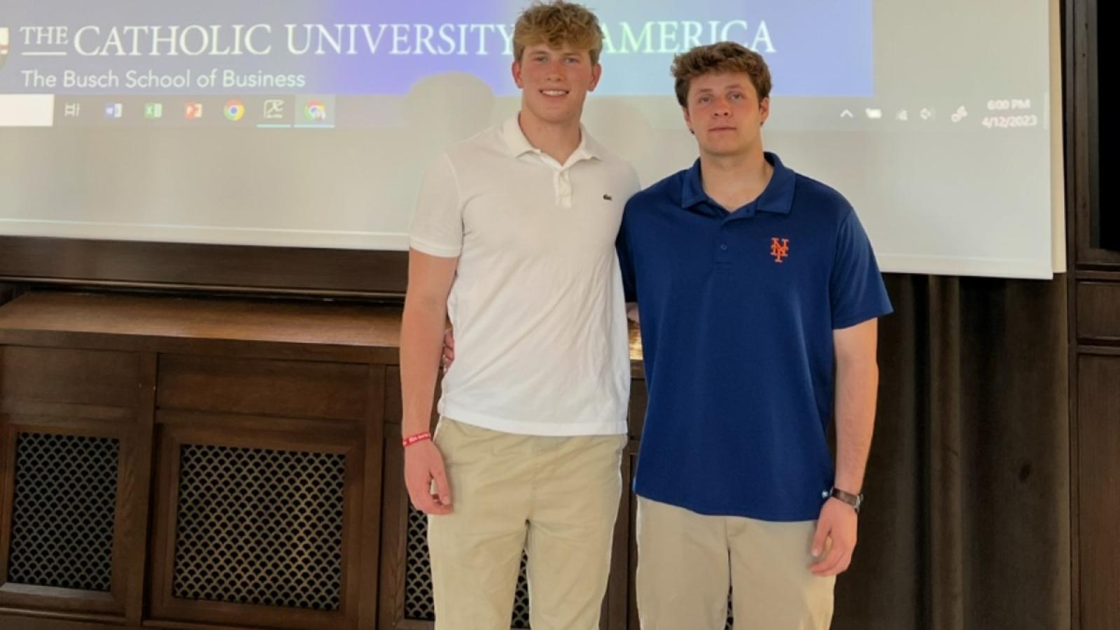 james and a friend on campus