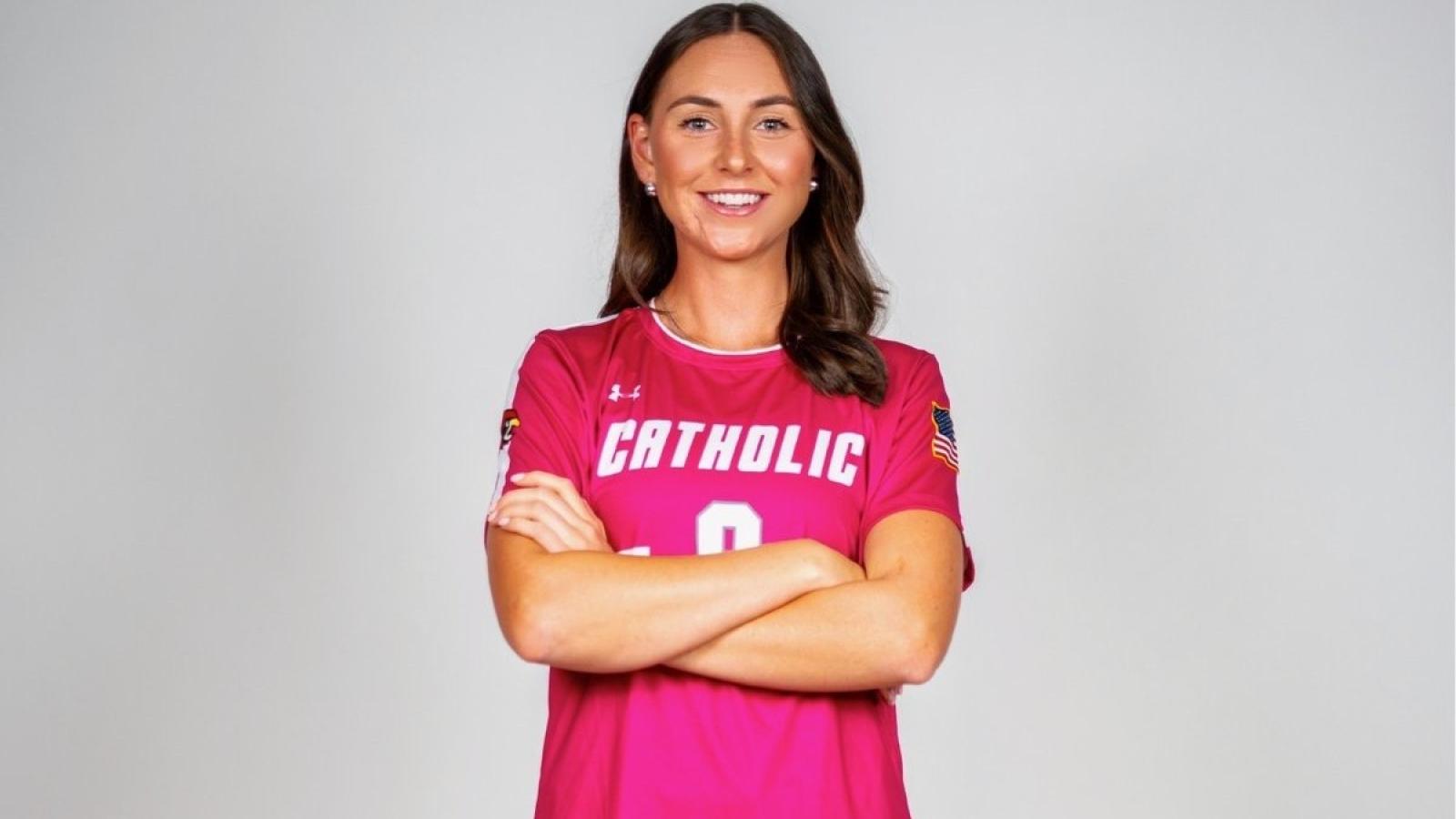 maeve in her CUA soccer uniform
