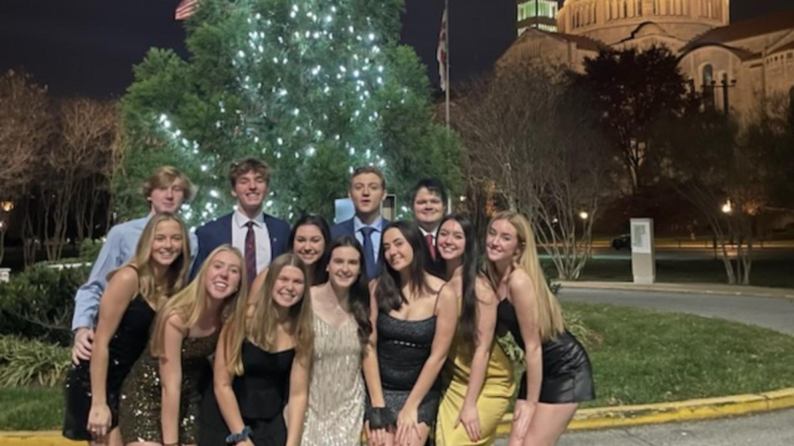 nicolas and a group of friends ready for a fancy event on campus