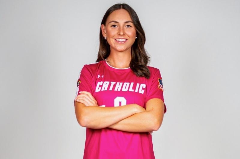 maeve in her CUA soccer uniform