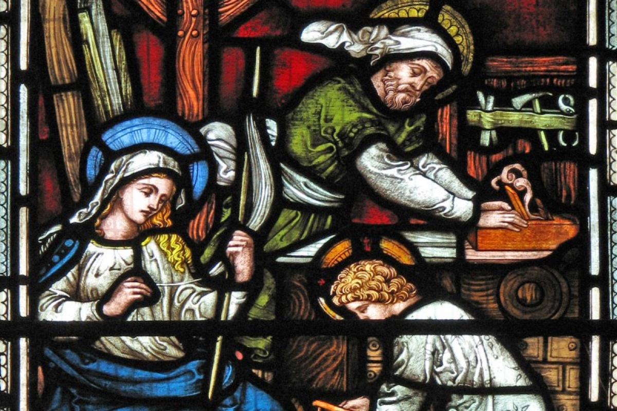 stained glass image of the Holy Family