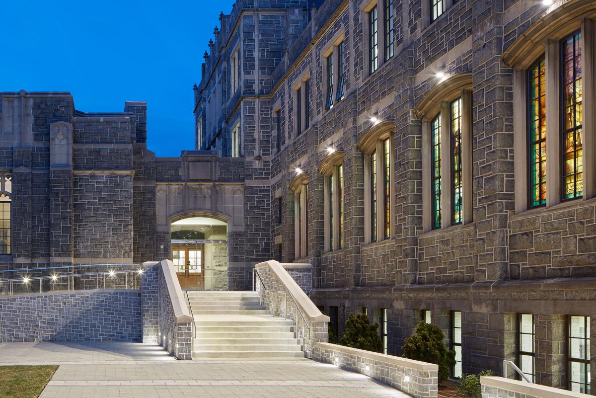 Busch School at night.