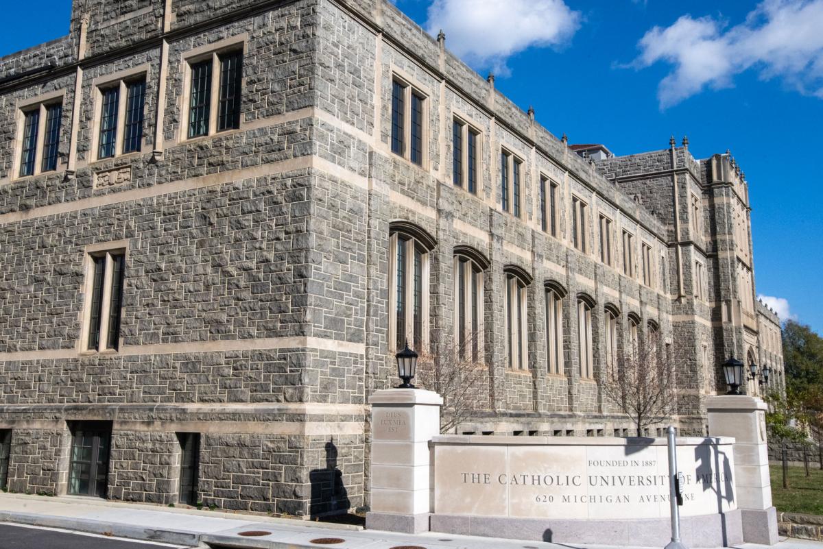 View of Maloney Hall from the Michigan Avenue entrance.