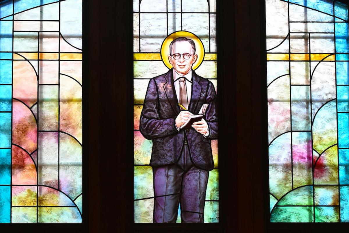 Enrique Shaw stained glass window in Maloney Hall chapel.