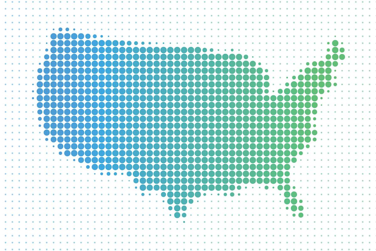 US map displayed in colored dots.