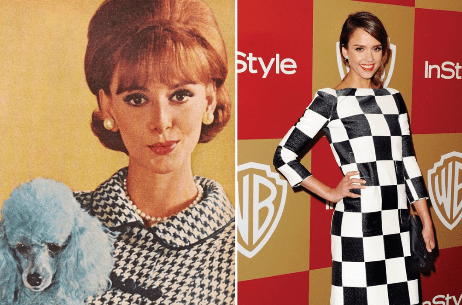 Side-by-side images of a 1950's ad with a woman in a houndstooth dress, a beehive hairdo, and a blue poodle next to a contemporary image of Jessica Alba in a black and white checkered dress.