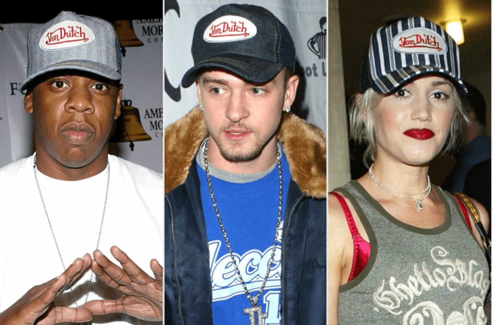 Photos of Jay-Z, wearing a white shirt and a grey baseball cap, Justin Timberlake, wearing a blue tshirt, a fur jacket, diamond jewelry, and a baseball cap, and Gwen Stefani wearing a grey tanktop and striped baseball cap.