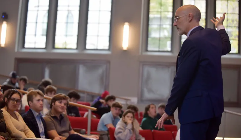 2023 Commencement keynote speaker and honorary degree recipient, Arthur Brooks, returned to The Catholic University of America to share the secrets to a successful life as a guest lecturer at the Busch School.