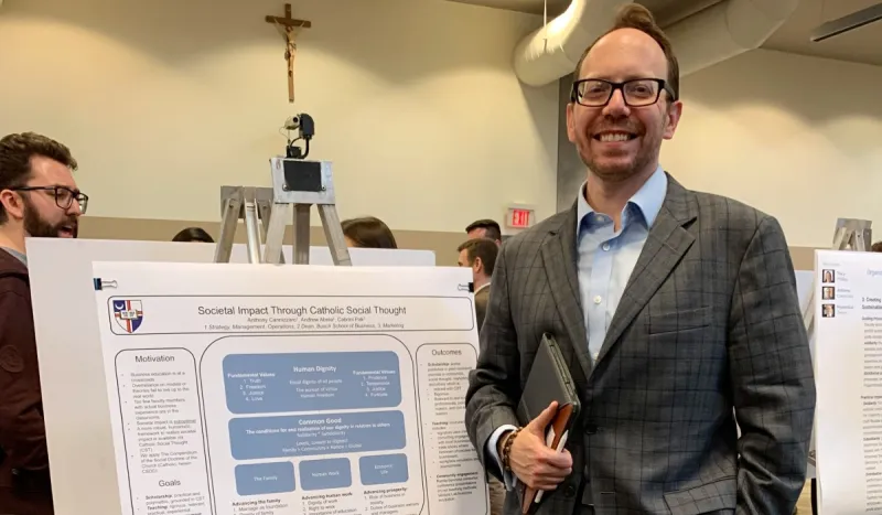 Dr. Anthony Cannizzarro in collaboration with Tracy Phillips and Dr. Maximilian Torres presented on the “Societal Impact Through Catholic Social Thought” at Catholic University’s Research Day.