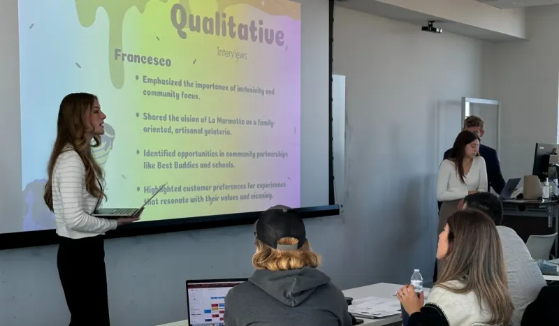 Market Research students presented their semester-long projects to Alumni CEO Francesco Brown of La Marmotta Gelateria.