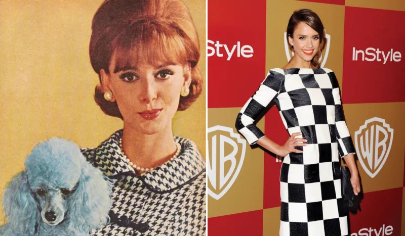 Side-by-side images of a 1950's ad with a woman in a houndstooth dress, a beehive hairdo, and a blue poodle next to a contemporary image of Jessica Alba in a black and white checkered dress.