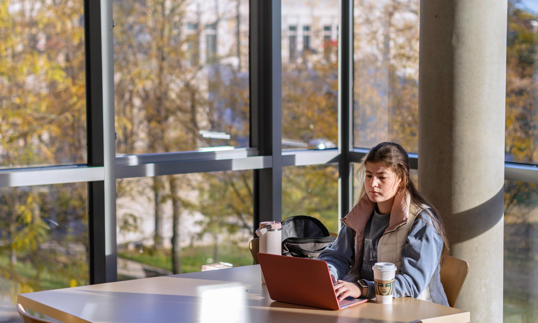 student studying in a corner of glass windows