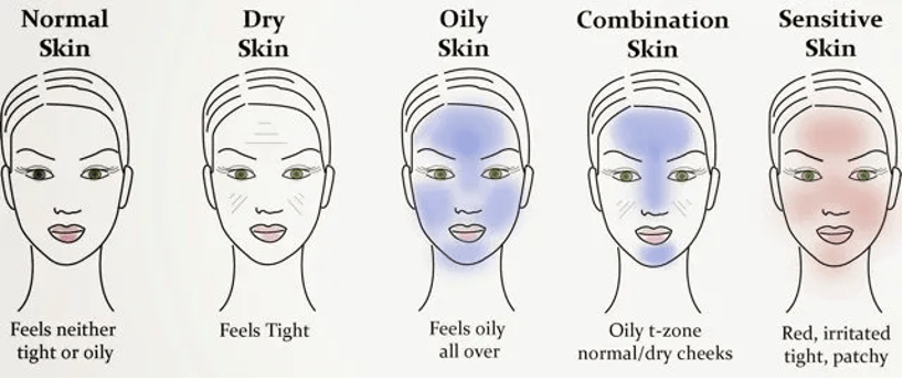 photo illustrating skin conditions and what they feel like: normal, dry, oily, combo, and sensitive